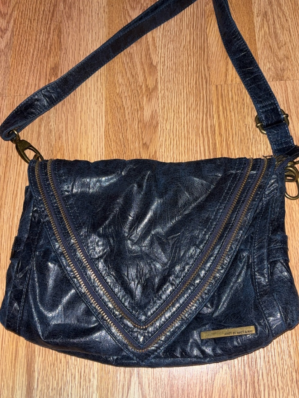 Matt & Nat Dark Navy Crossbody Bag with Chevron Zipper Detail